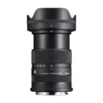 Sigma 18-50mm F2.8 DC DN Contemporary with the hood fitted and the barrel extended, showing the zoom scale marked 18, 24, 28, 35, 50 and the Contemporary badge