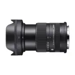 Sigma 18-50mm F2.8 DC DN Contemporary laid horizontally with the hood fitted and the barrel extended, showing the full profile from hood to mount flange