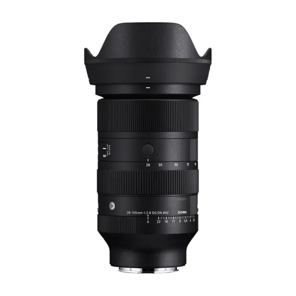 Sigma 28-105mm f/2.8 DG DN Art for Sony E-mount - side view with the lens hood fitted