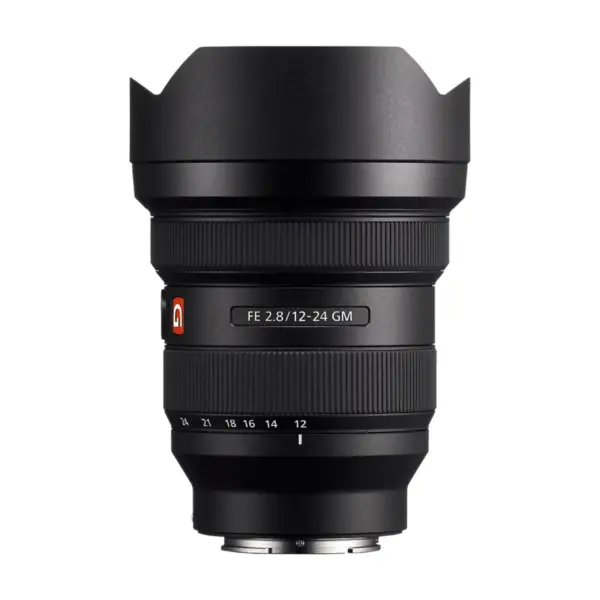Sony FE 12-24mm F2.8 GM lens, side view showing the FE 2.8/12-24 GM nameplate, G badge, focus and zoom rings and the zoom scale