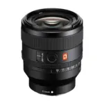Sony FE 50mm F1.4 GM lens, angled front view showing the front element, focus and aperture rings, AF/MF switch, focus hold button and the E-mount