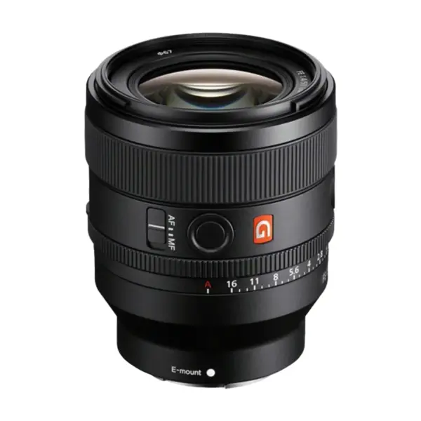 Sony FE 50mm F1.4 GM lens, angled front view showing the front element, focus and aperture rings, AF/MF switch, focus hold button and the E-mount