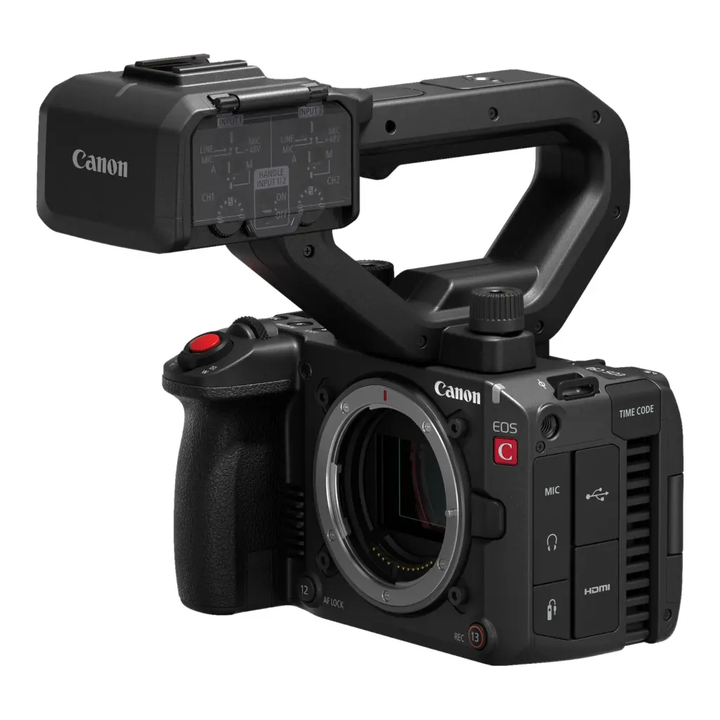 Canon EOS C50 cinema camera with handle unit fitted, front three-quarter view