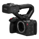 Canon EOS C50 cinema camera with handle unit fitted, front three-quarter view