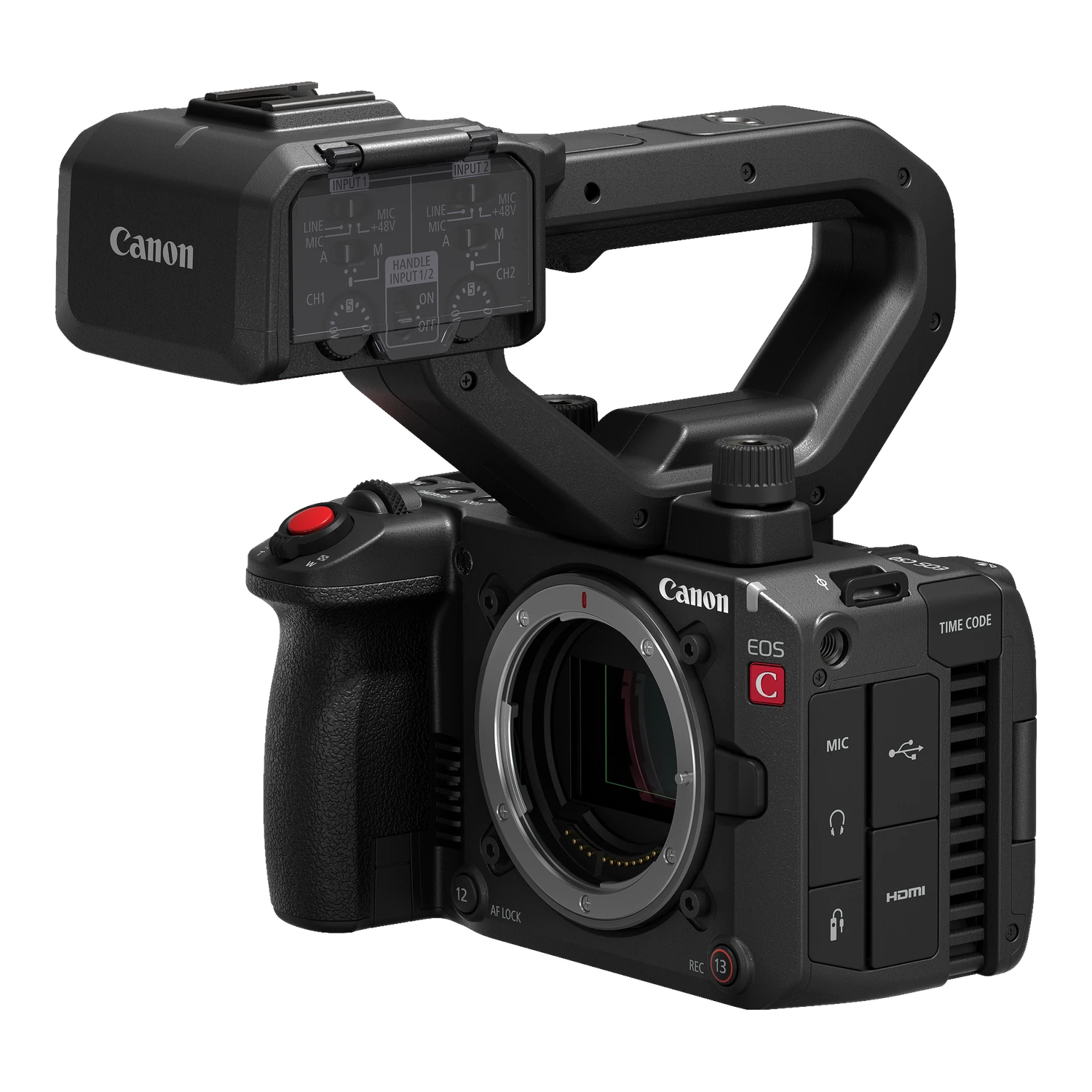 Canon EOS C50 - view 1 Canon EOS C50 cinema camera with handle unit fitted, front three-quarter view