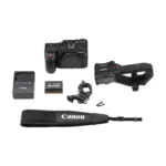 Canon EOS C50 cinema camera with handle unit, battery, charger, microphone holder and shoulder strap