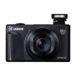 Canon PowerShot SX740 HS Lite Edition compact camera in black, front view with the flash raised