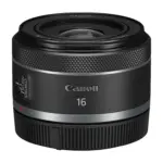 Canon RF 16mm F2.8 STM lens, angled view with the RF mount visible