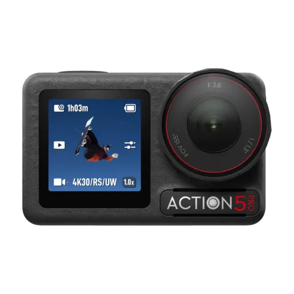 DJI Osmo Action 5 Pro action camera, front view with dual touchscreens