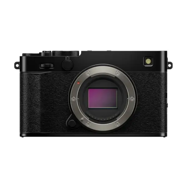 Fujifilm X-E5 mirrorless camera body in Black - front view showing the lens mount and sensor.