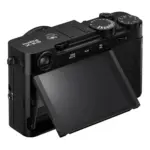Fujifilm X-E5 mirrorless camera body in Black - rear view with the touchscreen tilted out.