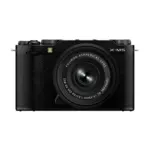 Fujifilm X-M5 mirrorless camera in Black with the XC 15-45mm lens fitted - front view with the XC 15-45mm lens fitted.