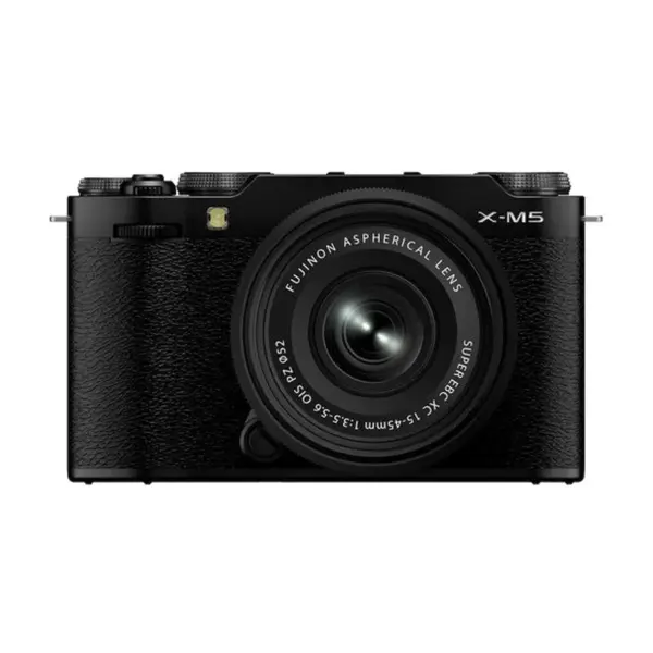 Fujifilm X-M5 mirrorless camera in Black with the XC 15-45mm lens fitted - front view with the XC 15-45mm lens fitted.