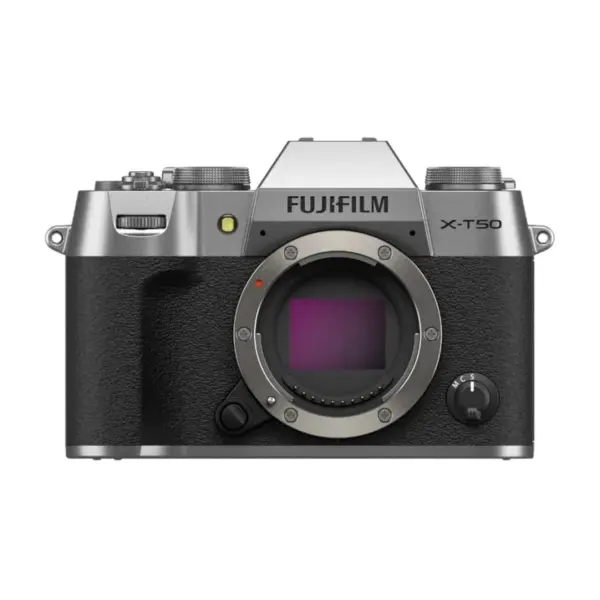 Fujifilm X-T50 mirrorless camera body in Silver - front view showing the lens mount and sensor.