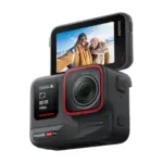 Insta360 Ace Pro action camera, front view with the Leica lens and front display, shown with the flip touchscreen raised