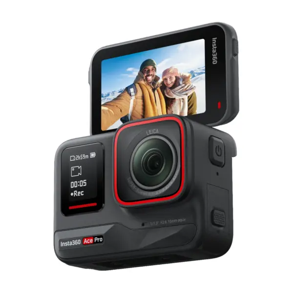 Insta360 Ace Pro action camera, front view with the Leica lens and front display, shown with the flip touchscreen raised
