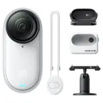 Insta360 GO 3S in Arctic White with the Standard Bundle contents - Magnet Pendant, Easy Clip and Pivot Stand.