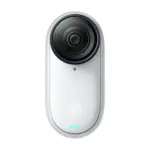 Insta360 GO 3S action camera in Arctic White - front view showing the lens and shutter button.