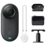 Insta360 GO 3S in Cosmic Black with the Standard Bundle contents - Magnet Pendant, Easy Clip and Pivot Stand.