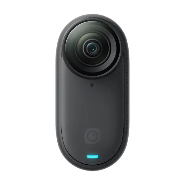 Insta360 GO 3S action camera in Cosmic Black - front view showing the lens and shutter button.