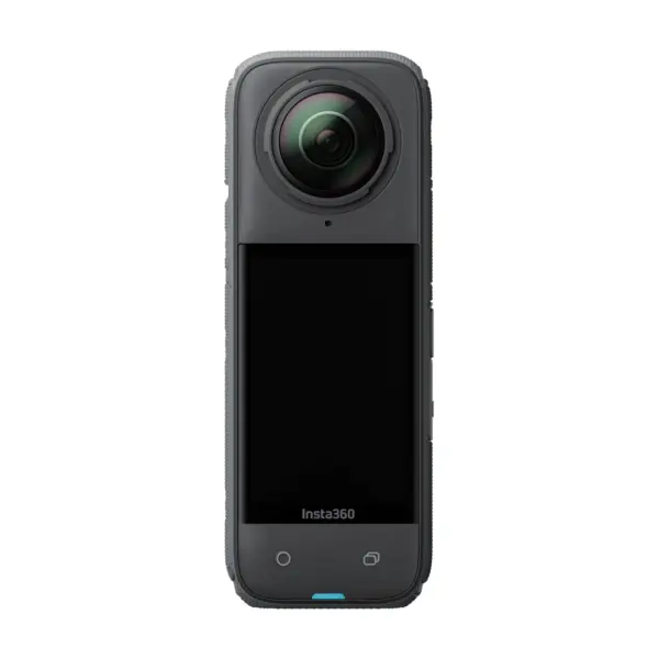 Insta360 X4 360 camera, front view with the touchscreen and lens