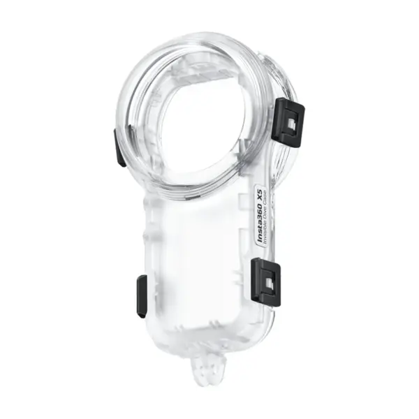 Insta360 X5 Invisible Dive Case - angled view showing the clear housing and dome lens port.