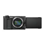 Nikon ZR cinema camera body, front view with the monitor swung out to the side