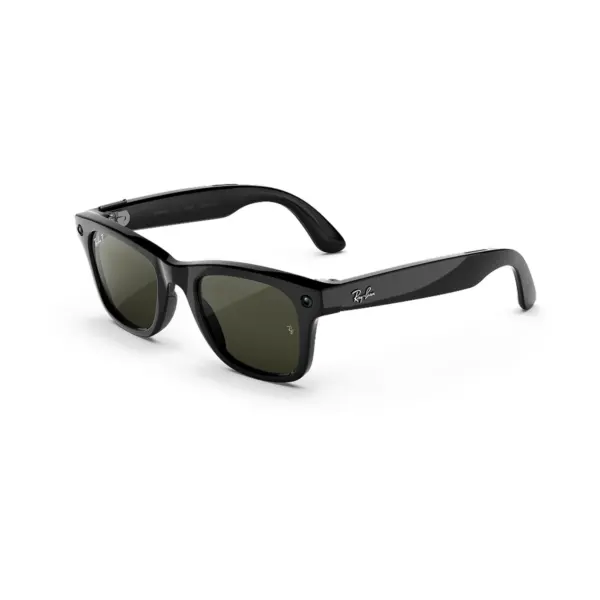 Ray-Ban Meta Wayfarer (Gen 3) AI glasses in Shiny Black / Polarized Green - angled view showing the frame and temple.