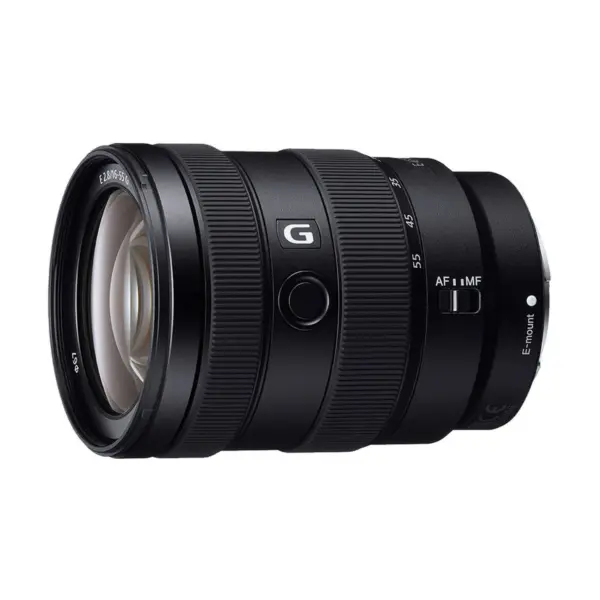 Sony E 16-55mm F2.8 G lens - angled front view showing the front element and G badge.