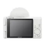 Sony ZV-1F vlog camera in white, rear view with the touchscreen and controls