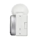 Sony ZV-1F vlog camera in white, side view with the screen closed